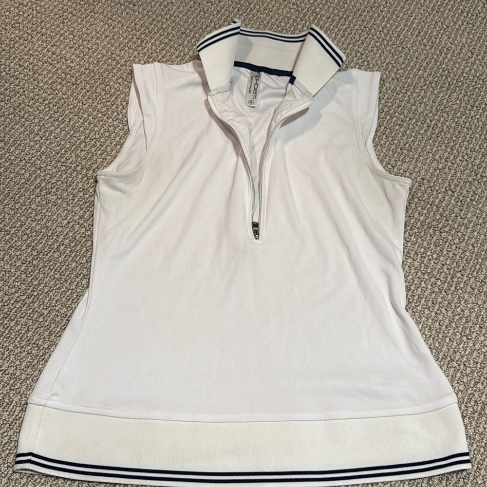 White with navy stripes tennis tank.